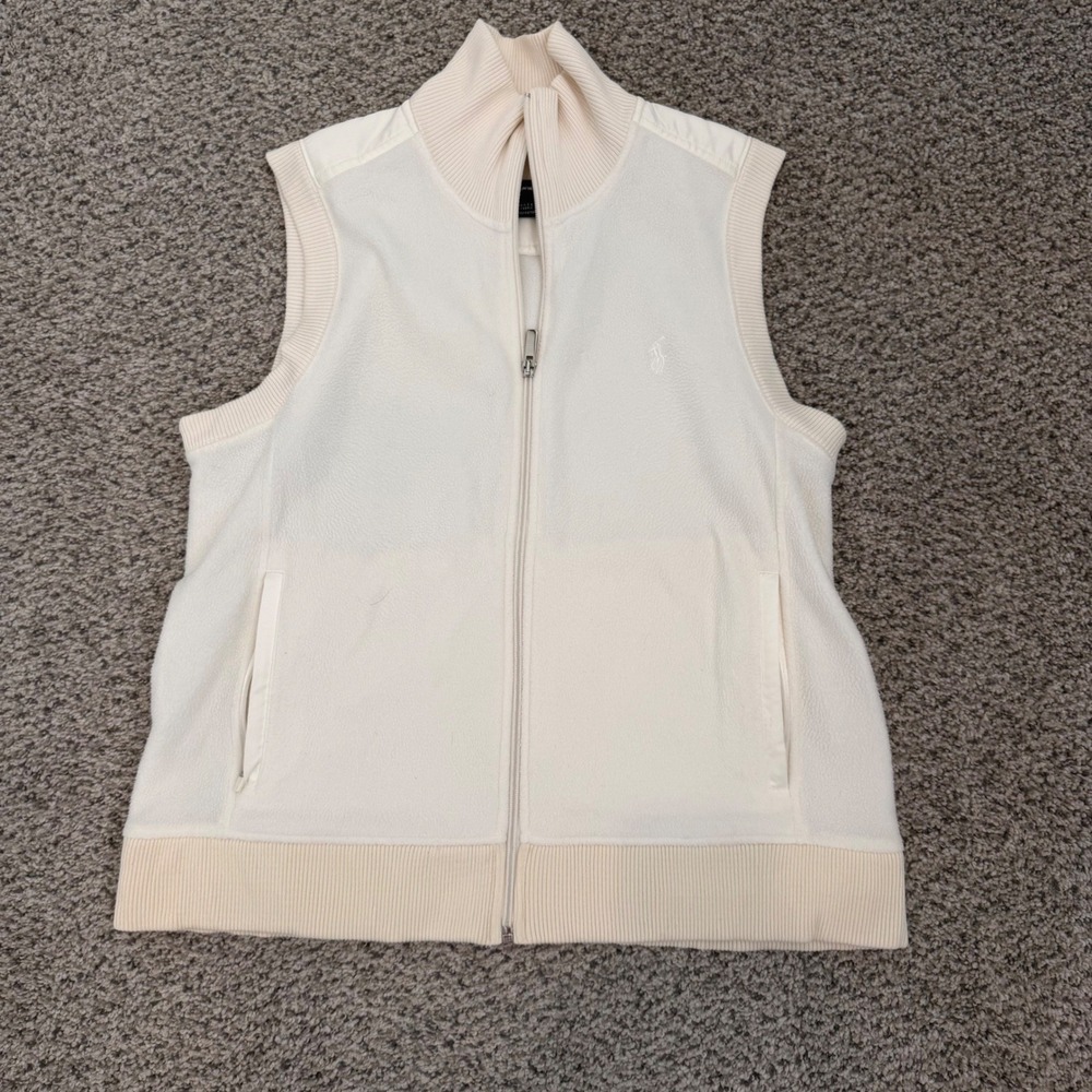 Ralph Lauren Golf Womens Cream Fleece Full Zip Vest Mock Neck White Large USA
